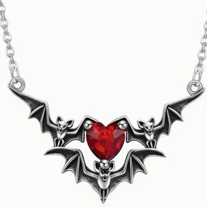 Gothic Punk Style Bat Wing Heart Pendant Necklace with Rhinestone Accents